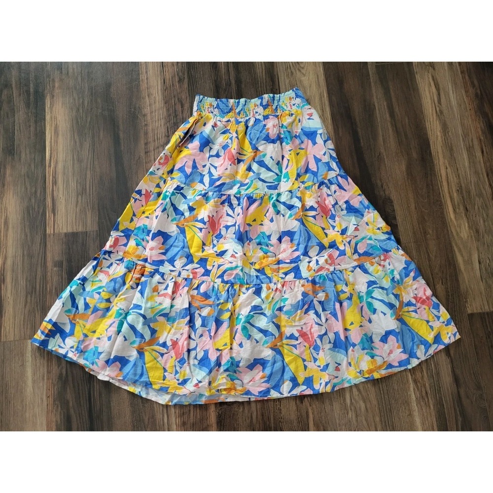Multicolor Tropical Floral Tiered Pull On A-line Maxi Skirt Sz S